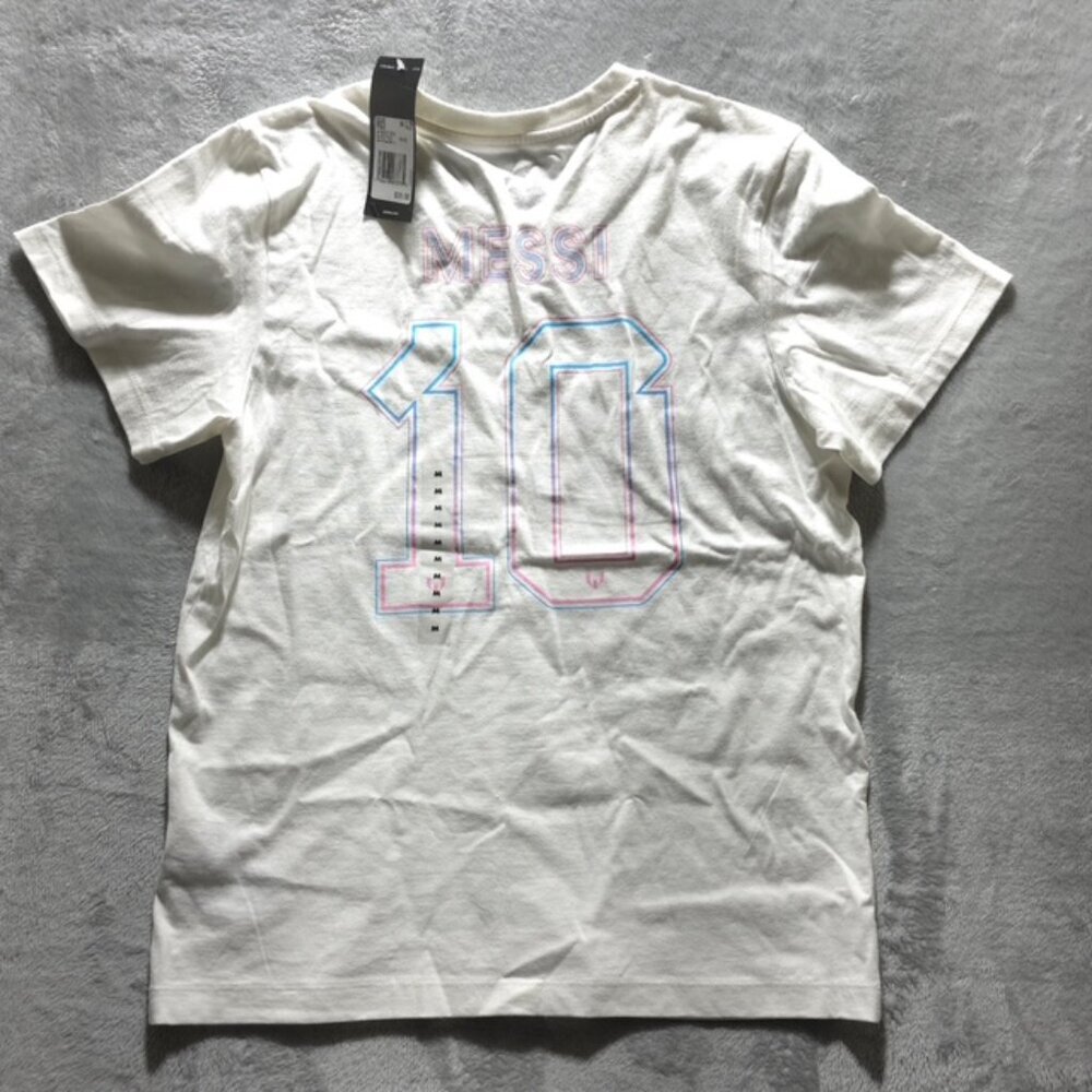 Adidas Lionel Messi Futbol Graphic Tee White Pink Blue Men's Medium NWT
